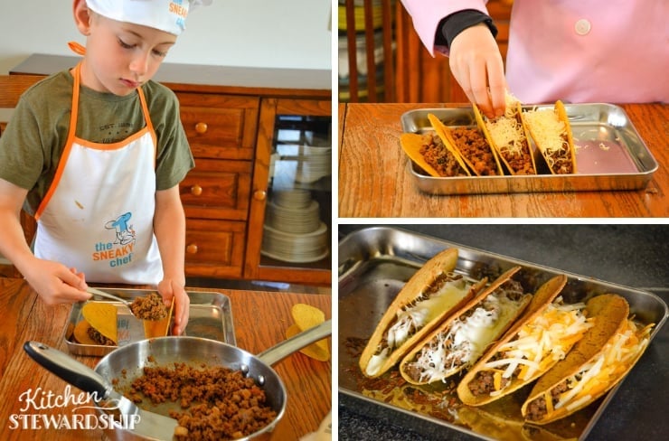 Tacos have always been the first full recipe I teach my kids at the stove. It's a quick win because they feel very capable, and they want to eat what they made! boy making sheet pan taco recipe